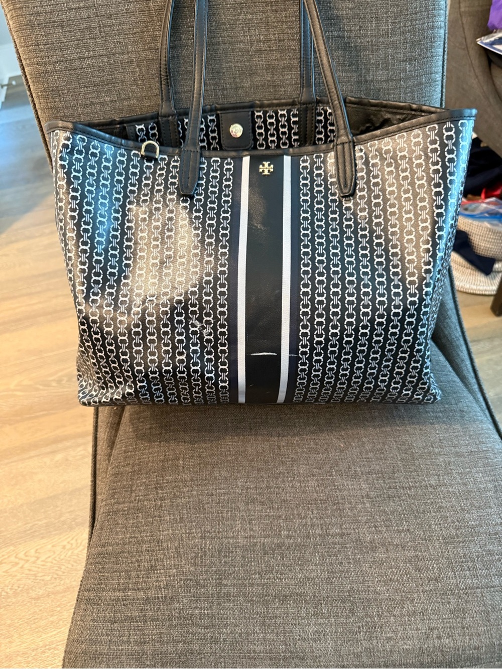 Tory Burch Black and White Logo Stripe Tote